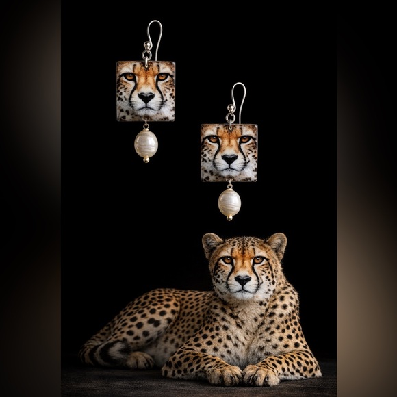 Jewelry - Handpainted African cheetah cat earrings. I use watercolor paper, super light